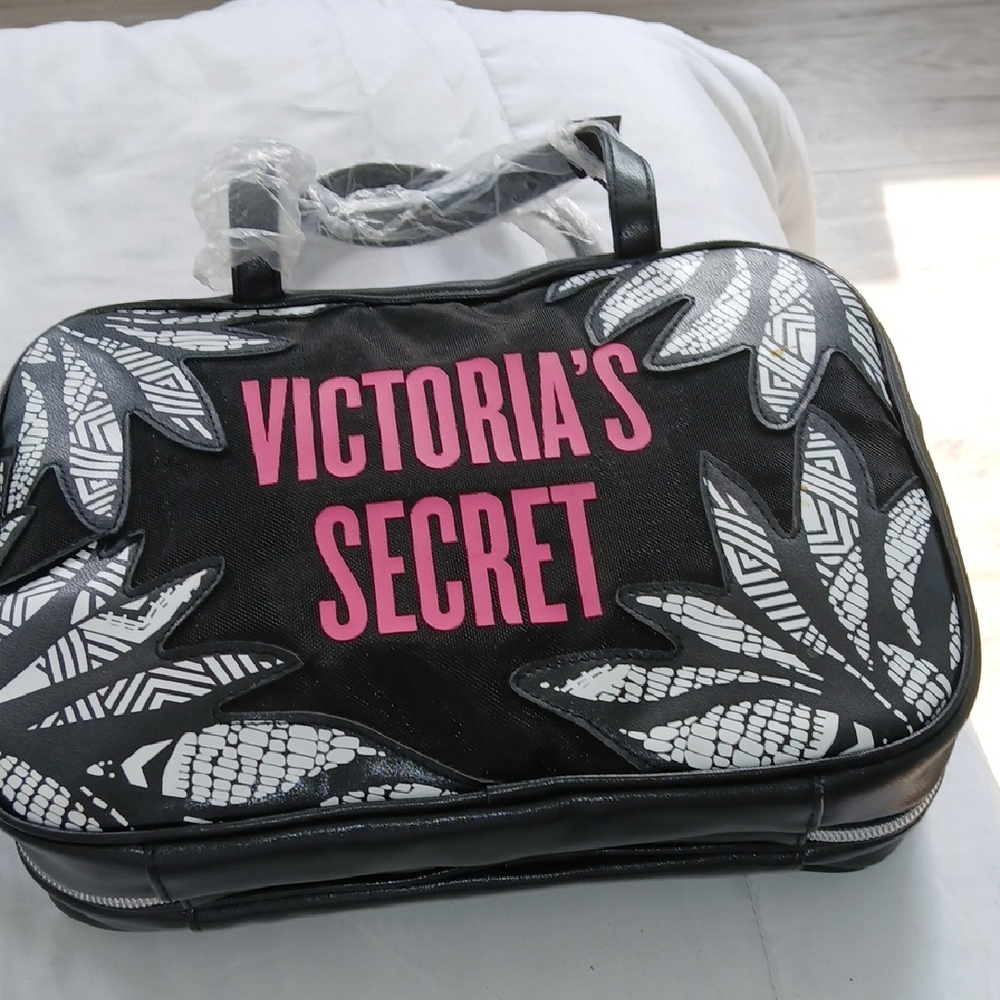 Victoria's Secret Black and Pink Cosmetic Case with Leaf Accent